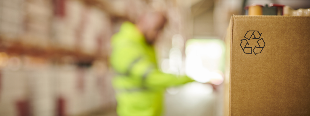 Warehouse with close up of cardboard box with recyling symbol