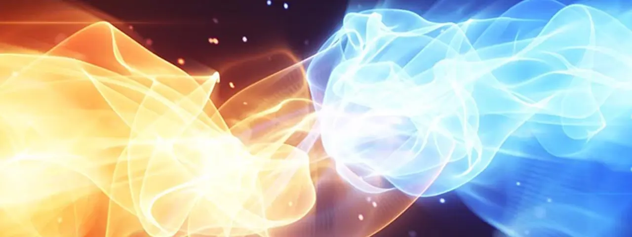 Abstract representation of heat and cold colliding from each side of a circular molecule